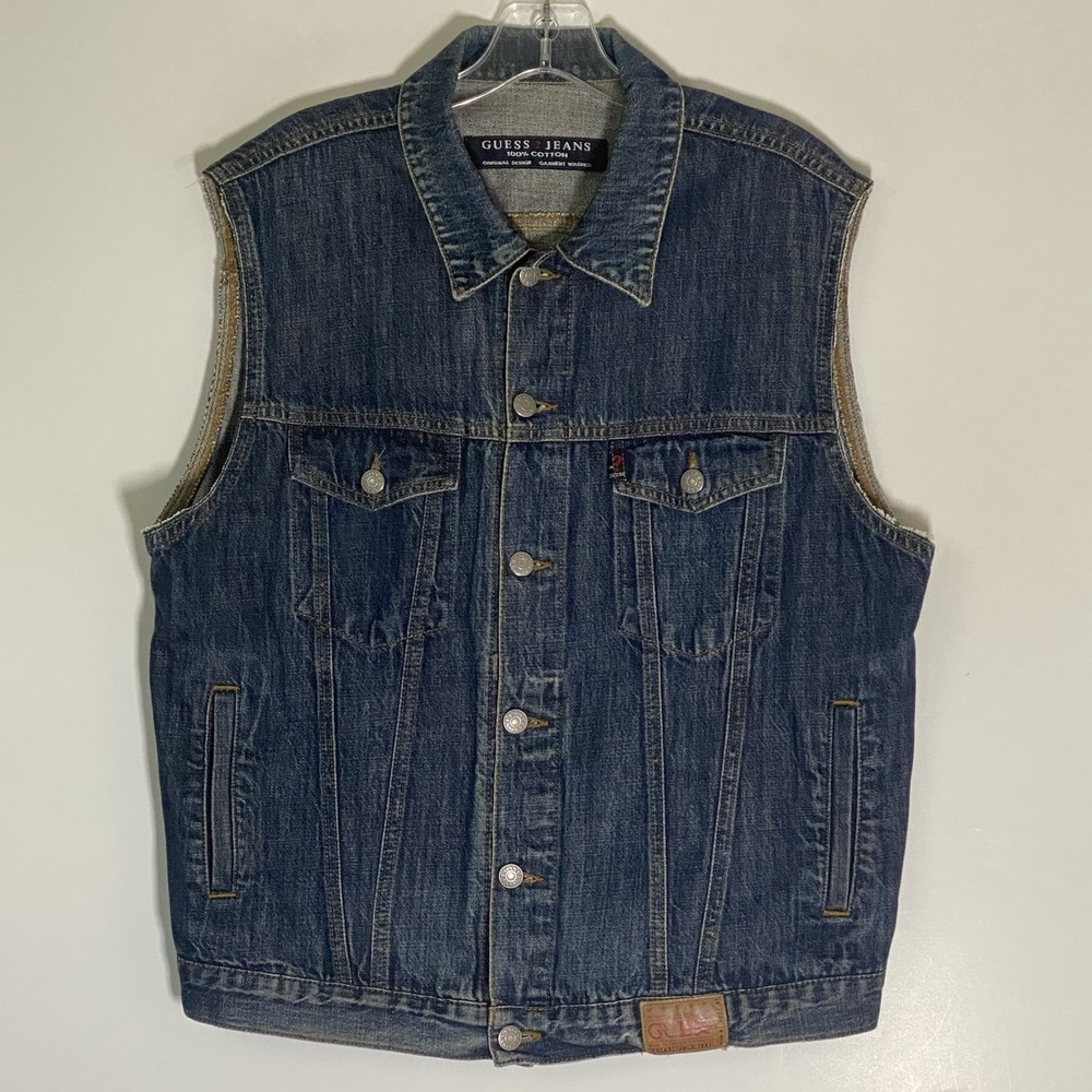 Vintage Guess Vest Mens XL Blue Denim 100% Cotton Medium Wash Pockets 90s Y2K